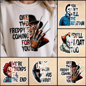 Paquete de 5 personajes de películas de terror, Halloween, amigos y asesinos PNG, listos para descargar archivos digitales para impresora de tóner blanco DTF DTG