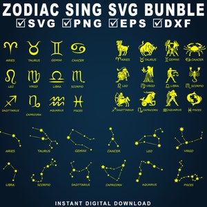 ZODIAC SIGN SVG Bundle, Zodiacs Svg Astrología Astrología Signos Silueta Clipart Paquete Cortar Archivos para Cricut, Svg, Eps, Png, Dxf