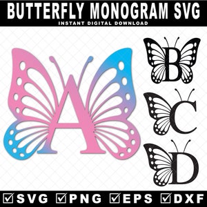 Vlinder monogram SVG, vlinder SVG, vlinder SVG bundel, vlinder alfabet monogram SVG, vlinders SVG, gesneden bestanden DXF PNG EPS Cricut
