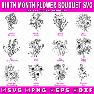 Geboortemaand bloemboeket SVG-bundel, geboortemaand bloem, bloem, bloemen, geboortebloem, bloemboeket, bloemen, tatoeage, SVG EPS Png Dxf