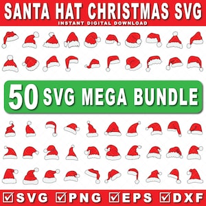 50 Chapéu de Papai Noel de Natal SVG MEGA Bundle, Crianças DIY Silhueta de Natal Clipart Arquivo de corte digital Eps Png Dxf, Design gráfico vintage de férias