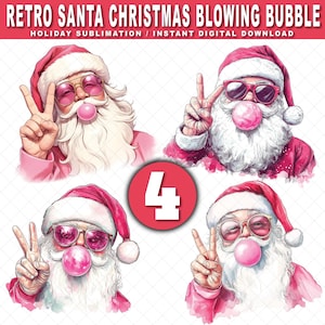 4 Retro Santa Christmas Blowing Bubble Gum PNG, Funny Santa With Sunglasses Xmas, Vintage Merry Christmas PNG, Holiday Sublimation Digital