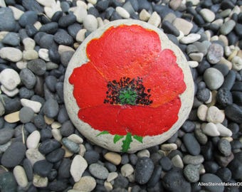 Decorative stone poppy, painted stones, flower on stone, stone art,