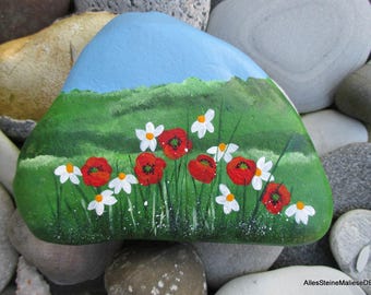 Flower meadow, painted stones, stone art, landscape with flowers on stone,