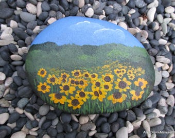 Sunflower field, painted stones, stone art, landscape with flowers on stone,