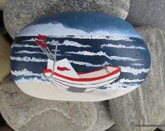 Fishing boat on the beach, stone art, painted stones, boat on stone