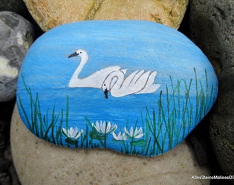 Pietra decorativa, Lago dei cigni, pietre dipinte, arte su pietra, uccelli su pietra,
