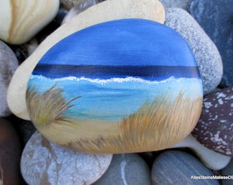 Stille am Strand,bemalte Steine, Steinkunst, Strandlandschaft auf gegossenem Stein,