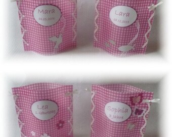 Tischdeko zur Taufe / Kommunion / Konfirmation / Firmung Geschenk zur Geburt Windlicht Tischlicht mit Beschriftung in pink/weiß kariert