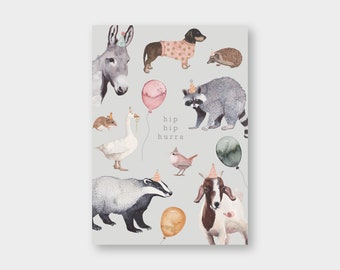 Postkarte "hip hip hurra" Tiere A6