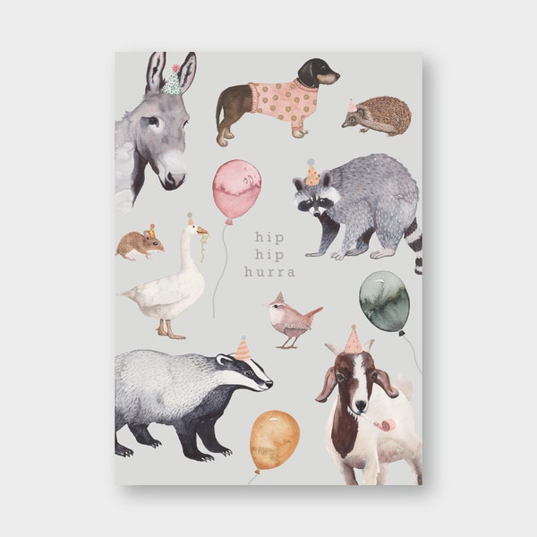 Postkarte "hip hip hurra" Tiere A6