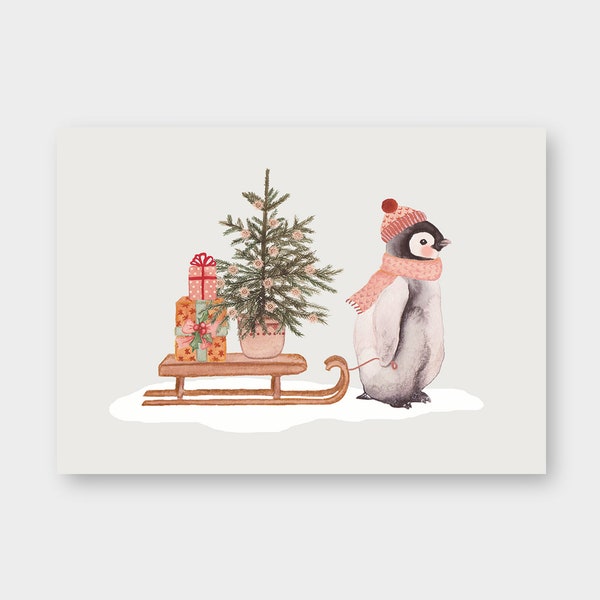 Postkarte "Pinguin im Winter" A6 / Schlitten / Geschenke / Tannenbaum / Frohe Weihnachten / Grußkarte / Recyclingkarton / Klimaneutral