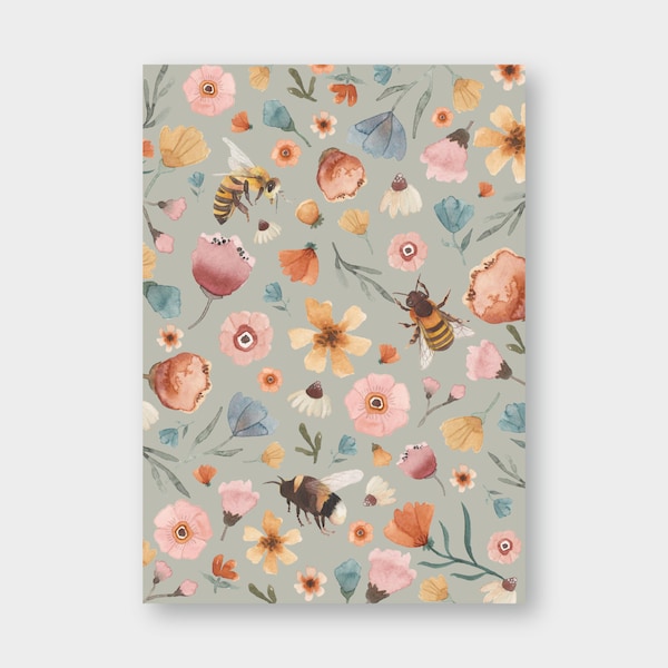 Postkarte "Blumenwiese II" Bienen, Hummel, Blumen, Wildblumen, liebe Grüße, Grußkarte, Sommer, Frühling, Geburtstag, Muttertag
