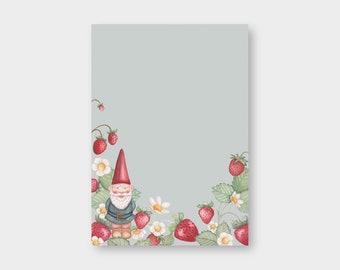 Notepad "Garden Gnome" A6 / 14.8 x 10.5 cm / Gnome / Notes / Writing / Stationery / Summer / Strawberry /