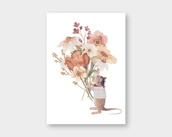Postcard "Mouse with flowers" flower greeting / birthday / bouquet of flowers / summer / love / France / striped shirt / spring / flowers