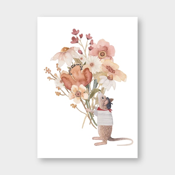 Postkarte "Maus mit Blumen" Blumengruß / Geburtstag / Blumenstrauß / Sommer / Liebe Grüße / Frankreich / Streifenshirt / Frühling / Flowers