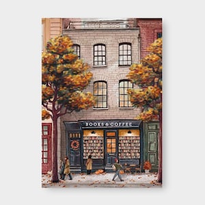 Könnte beinhalten: Eine Aquarellillustration eines mehrstöckigen Backsteingebäudes mit einem Ladenlokal mit der Aufschrift BOOKS & COFFEE. Das Geschäft hat große Fenster mit Bücherregalen, flankiert von zwei großen Bäumen mit orangefarbenem Herbstlaub.