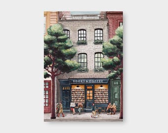 Postal "Libros y Café" DIN A6 / Librería / Tienda de libros / Urbano / Amante de los libros / Verano / Primavera