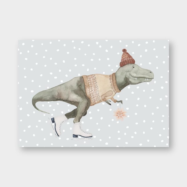 Postkarte "T-Rex mit Weihnachtsstern" / Strickmütze / Schlittschuhe / Winter / Weihnachten / frohes Fest / frohe Weihnachten / Dino / Pulli