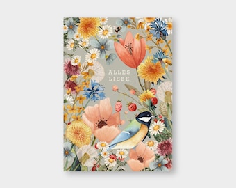 Carte postale « Meilleurs vœux » DIN A6 / PK_73 / Fleurs / Oiseau / Anniversaire / Mariage / Fête des Mères / Saint-Valentin