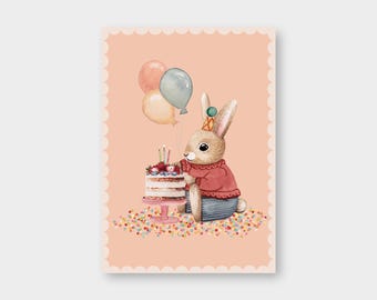 Postal "Conejo con Pastel" PK_76 / DIN A6 / cartón reciclado / cumpleaños / invitación / cumpleaños de conejo / Feliz Cumpleaños