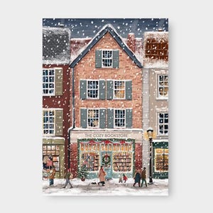Könnte beinhalten: Eine digitale Illustration eines Backsteingebäudes mit der Aufschrift THE COZY BOOKSTORE während eines Schneefalls. Das Ladenlokal zeigt große Fenster mit Büchern, einem Kranz und festlichen Girlanden. Menschen gehen auf dem Gehweg an einer Laterne.