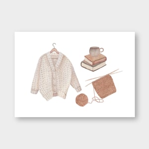 Postkarte "Stricken" DIN A6 / PK_29 / Wolle / Buch / Tee / Tasse / Herbst / gemütlich / Recyclingkarton