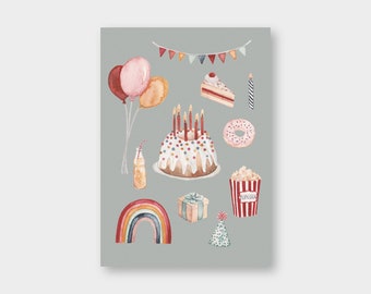 Postcard "Birthday all sorts" birthday / cake / balloons / pennant chain / popcorn / rainbow / card / greeting card / watercolor / gift