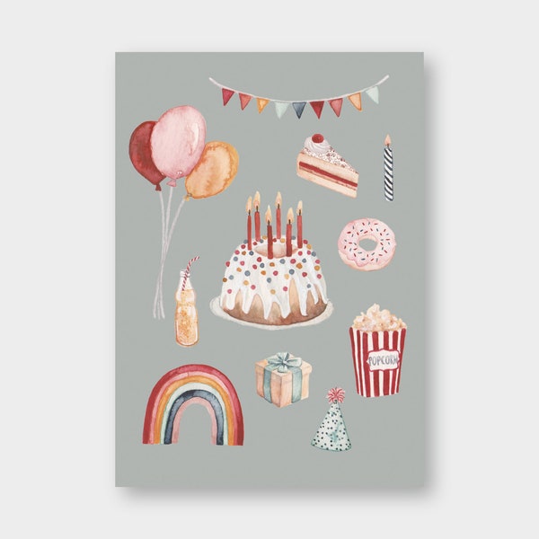 Postkarte "Geburtstagsallerlei" Geburtstag / Kuchen / Ballons / Wimpelkette / Popcorn / Regenbogen / Karte / Grußkarte / Aquarell / Geschenk