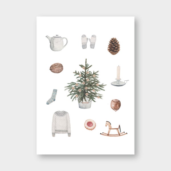 Postkarte "Winterliches Sammelsurium" Weihnachten Winter Tanne Teekanne Zapfen Pullover Illustration Socke Tannenbaum Kerze Schaukelpferd