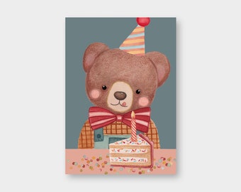 Postcard "Birthday Bear" A6 / recycled cardboard / birthday / bear / children's birthday / congratulations / cake / colorful