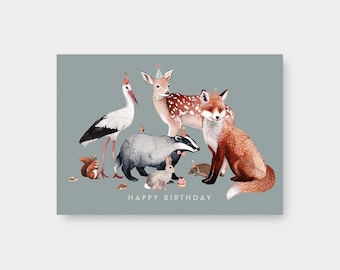 Postal de "Feliz Cumpleaños" con animales del bosque / DIN A6 / PK_96 / confeti / fiesta / familia / niños / animales / felicitaciones / cumpleaños
