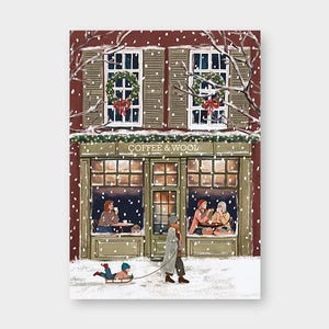 Könnte beinhalten: Illustration einer verschneiten Winterszene mit einem Geschäft mit dem Text "COFFEE & WOOL". Das Geschäft hat Kränze und Menschen im Inneren. Eine Person zieht einen Schlitten mit einem Kind im Schnee.