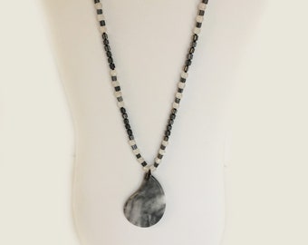 Gray, White, Free Form Leaf Shape Jasper Pendant on Handmade Chain. One-of-a-Kind