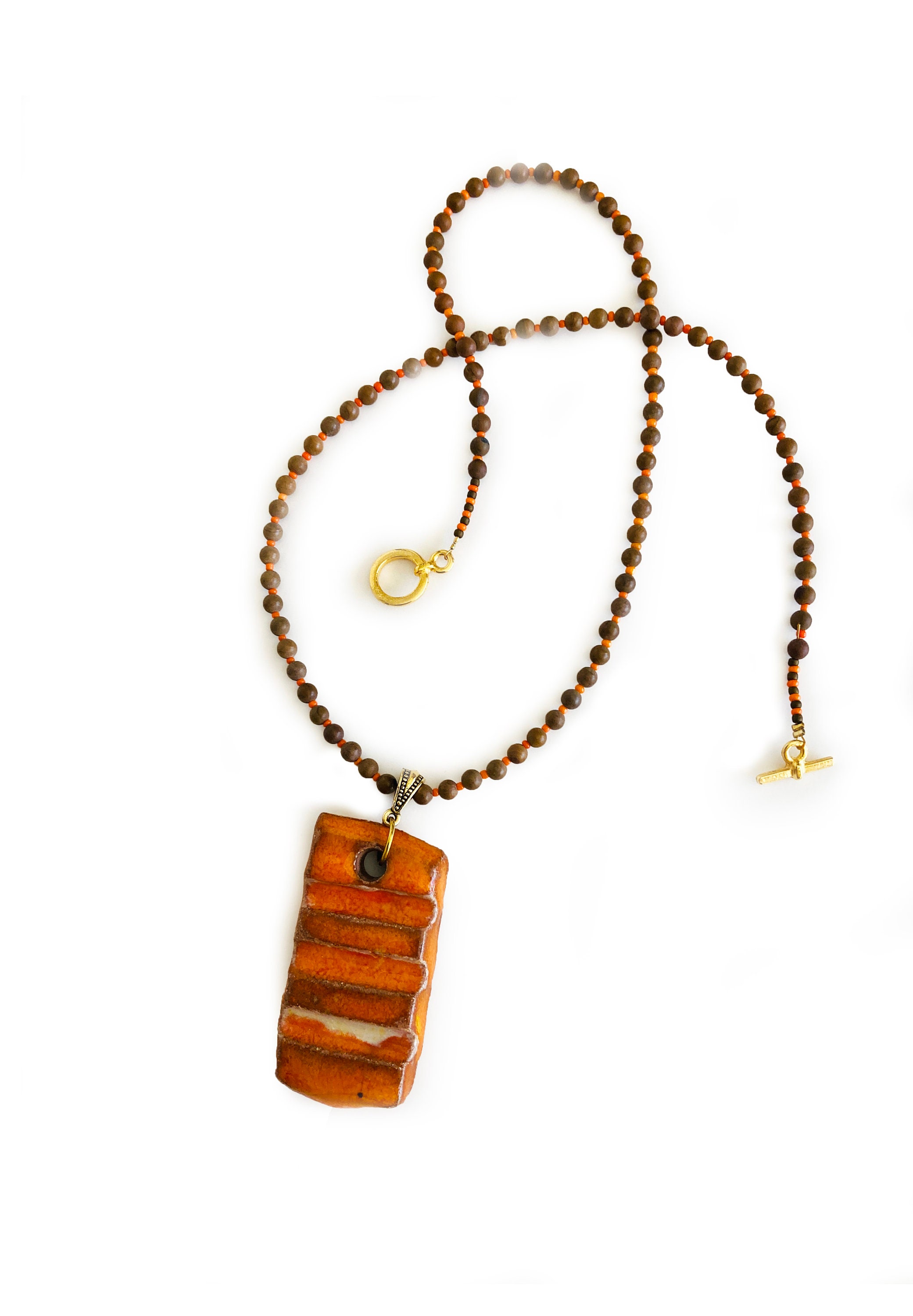 Collier En Céramique Des Années 1960 - Orange Et Marron, 48 Cm, Rare, Dans Son Jus