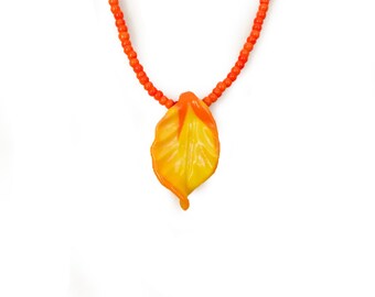 Yellow, Orange, handmade Leaf Pendant on Orange Bead Chain. One-of-a-Kind