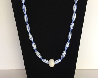 White and Blue Optic Long Necklace. Handmade, One-of-a-Kind