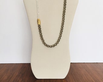 Gray and Clear Crystal Long Necklace with Gold Focal. One of a kind