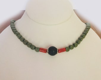 Dusty Green Jade (Serpentine,) Small Nugget Necklace with Corals and Black Lava. One-of-a-Kind.