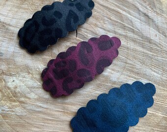 Leopard Faux Suede Snap Clips - leopard | baby gift | snaps | cranberry clip | blue scallop clip | snap clip | black leopard