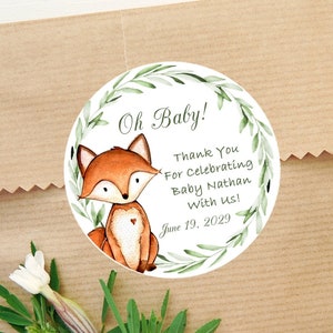Gender Neutral Woodlands Fox Baby Shower Favor Stickers or Favor Tags, Woodlands Fox Baby Shower Favors