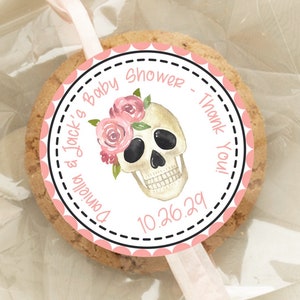 Girls Pink Gothic Skull Halloween Baby Shower Sticker Labels