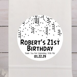 Black And White Birthday Party Stickers, Gold And White Sweet 16 Favor Tags, Black And White Party Favors, Black Confetti Birthday Sticker