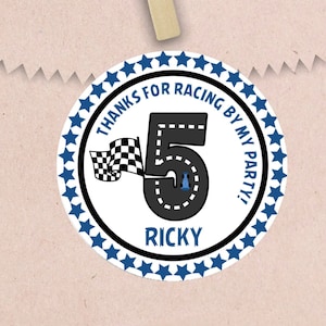 Blue Race Car Birthday Favor Sticker, Race Car Birthday Favor Label, Race Car Birthday Party Decorations