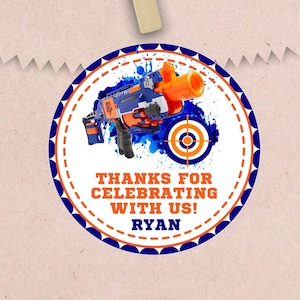 Nerf Birthday Party Stickers, Nerf Birthday Favor Tags