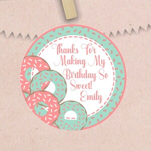 Donut Birthday Party Stickers or Favor Tags, Coral & Mint Donut Birthday Party Decorations