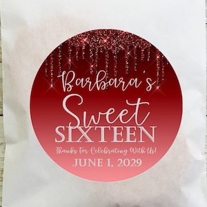 Red Sweet 16 Birthday Party Stickers or Favor Tags, Red 16th Birthday Party Favor Tags