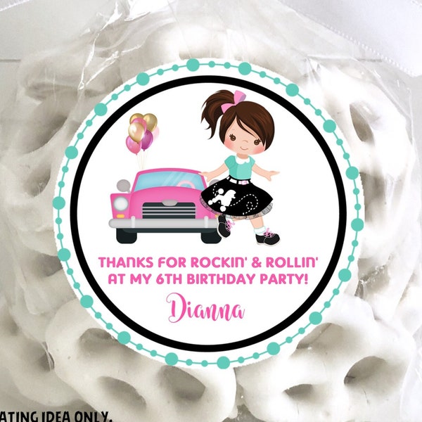 Girls 1950's Retro Sock Hop Birthday Favor Sticker, 1950's Retro Sock Hop Birthday Party Decorations, 1950's Retro Sock Hop Party Favor