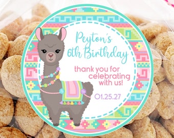 May include: A clear cellophane bag filled with treats, tied with a pink ribbon. A round sticker on the bag features a gray llama with a colorful blanket and the text "Peyton's 6th Birthday". The sticker also includes the text "thank you for celebrating with us!"