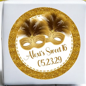 Gold Masquerade Birthday Party Stickers For Favors, Masquerade Sweet 16 Stickers, Gold Masquerade Party Favor